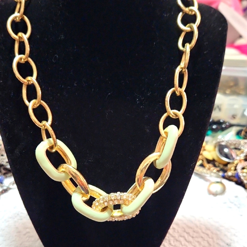 Gold and Cream,and Mint With Rhinestone Middle ,toggle  Chain Necklace